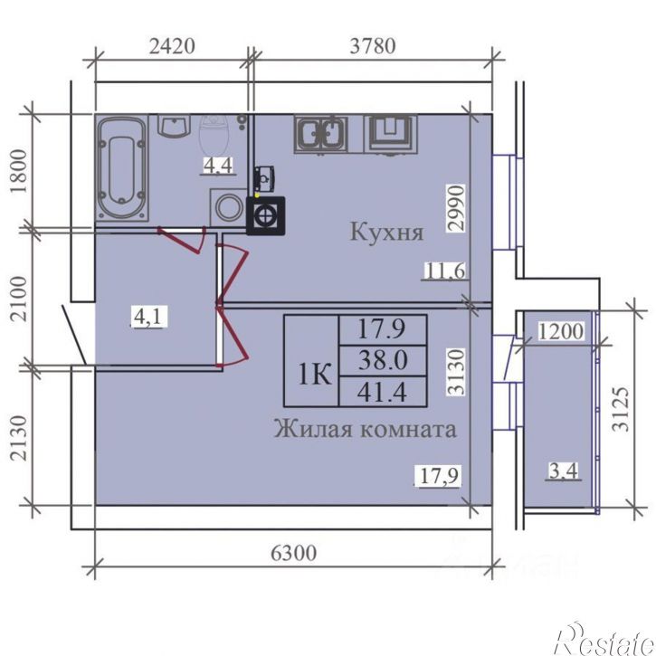 1-комн квартира в новом доме улица Павла Большевикова, 50кб,  д. 50кб