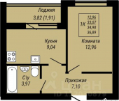 1-комн, 36 кв м, этаж 6/9 улица Куконковых