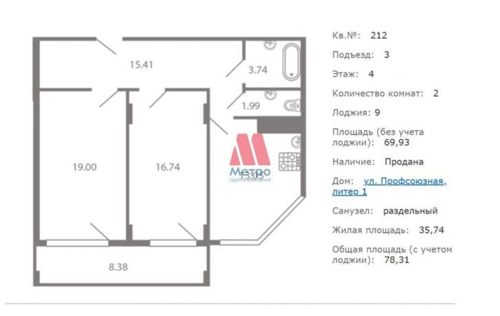 2-комн квартира Профсоюзная ул., д.8