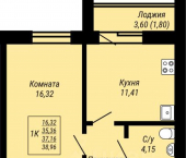 1-комн, 38 кв м, этаж 2/9 жилой комплекс Юбилейный