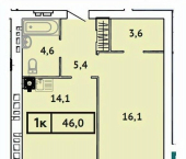 1-комн, 46 кв м, этаж 9/9 ул Кудряшова, 6