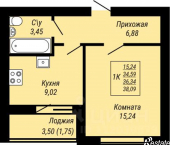 1-комн, 38 кв м, этаж 3/9 жилой комплекс Юбилейный