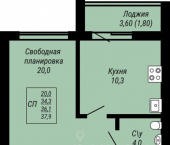 1-комн, 37 кв м, этаж 7/9 жилой комплекс Юбилейный
